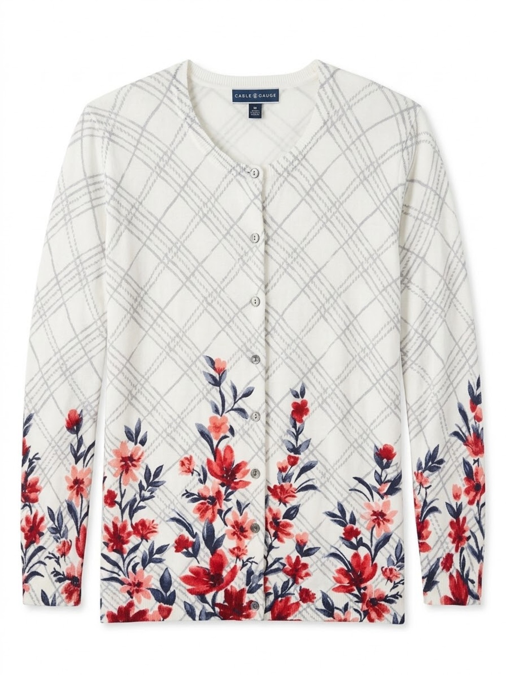 Scott White Cardigan with Red Floral Border and Navy Leaves